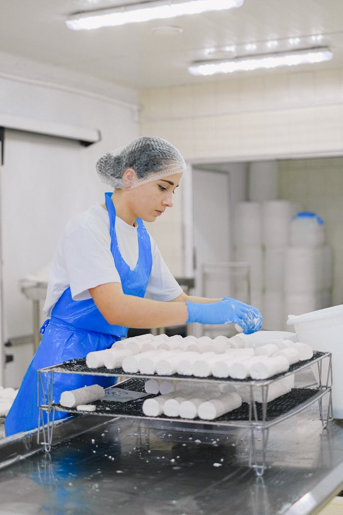 Woman worker in cheese production line at dairy facility wearing protective gear.